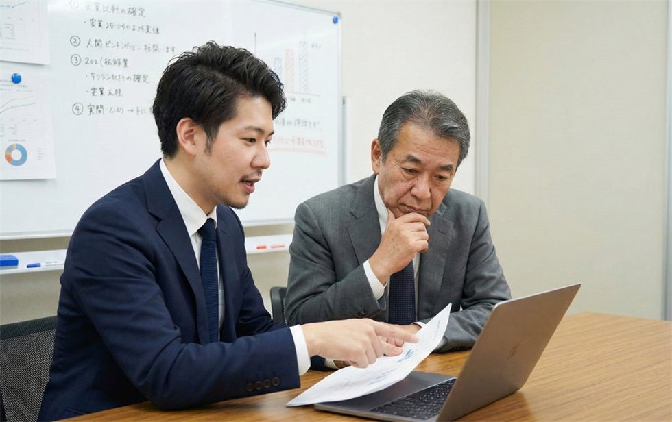 採用状況を確認しながら打ち合わせをしている様子
